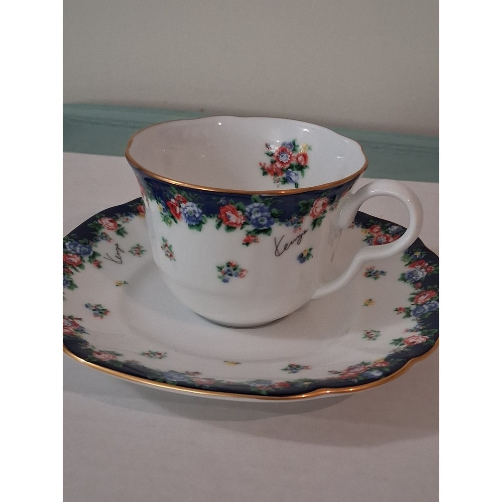 Kenzo Paris Floral Tea Cup and Saucer Set Cobalt Blue Gold Trim Japan Aito